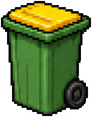 Green wheelie bin with a yellow lid standing in the route.