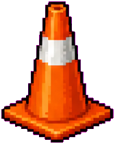 Orange-and-white traffic cone on a dark square base.