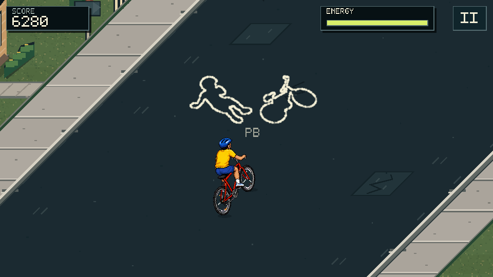 Actual gameplay showing the cyclist approaching the chalk outline of a fallen rider and bicycle.