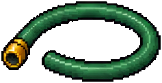 Coiled garden hose from the game, lying low across the ground.