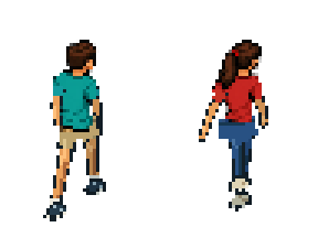 Two pixel-art pedestrians shown in walking poses from the current game animation.