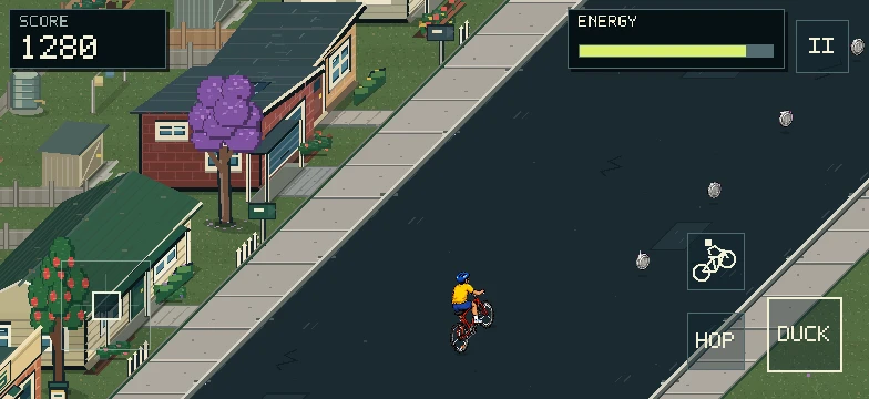 Native landscape gameplay with a steering stick on the left, wheelie and hop buttons beside duck on the right, and pause at the top.