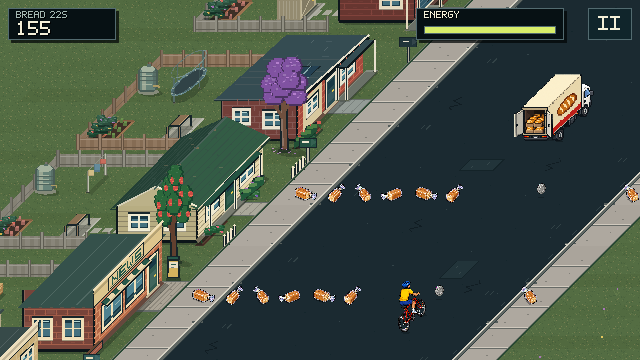 The bakery truck drives ahead of the rider with dropped loaves across the road.
