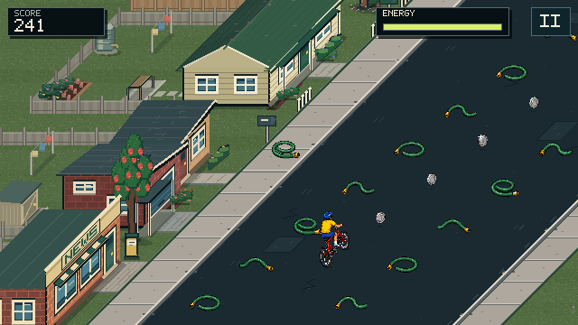 Garden hoses form a curved corridor with a clear line for the bike.