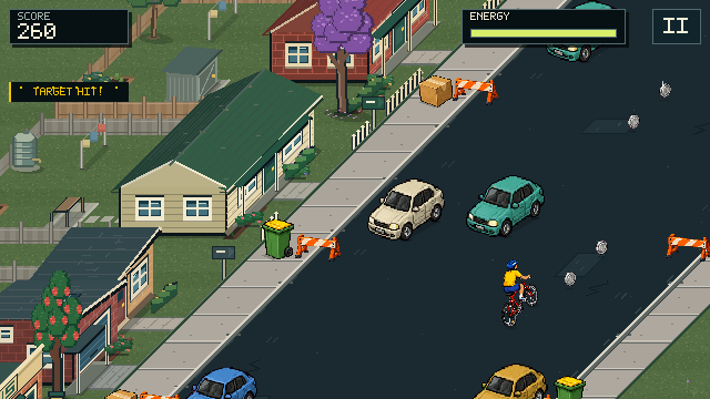 Slow-moving cars occupy the road while smaller objects block the pavement bypass.
