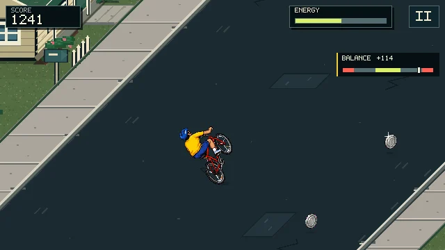 The rider leans back into a wheelie, with the balance meter visible.